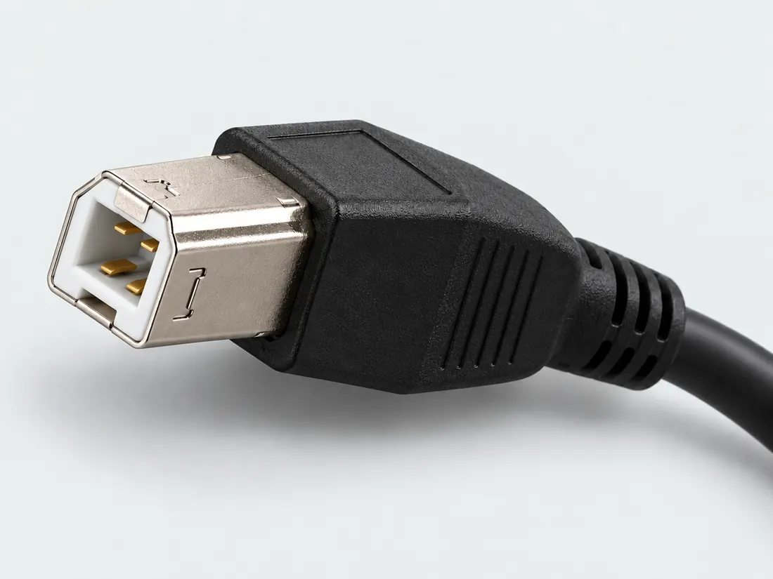 USB Type-B: three-quarter view. Computer-generated illustration, not a photograph.