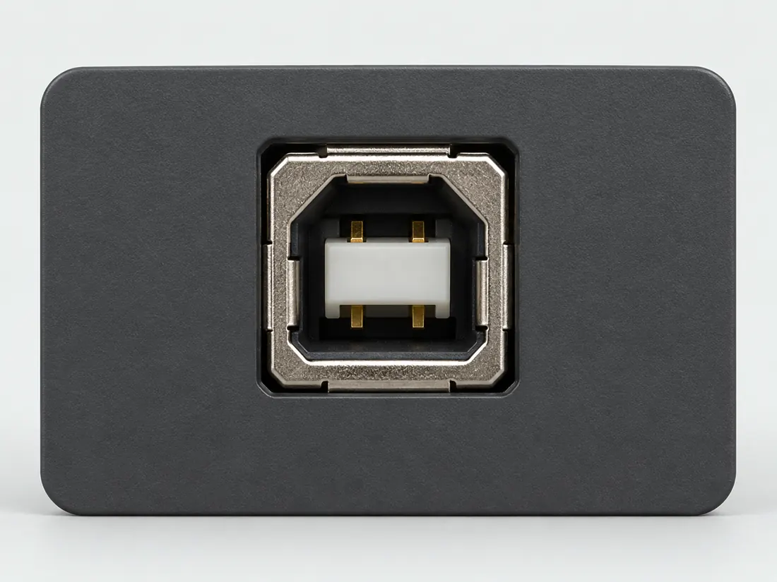 USB Type-B: fitted in place. Computer-generated illustration, not a photograph.