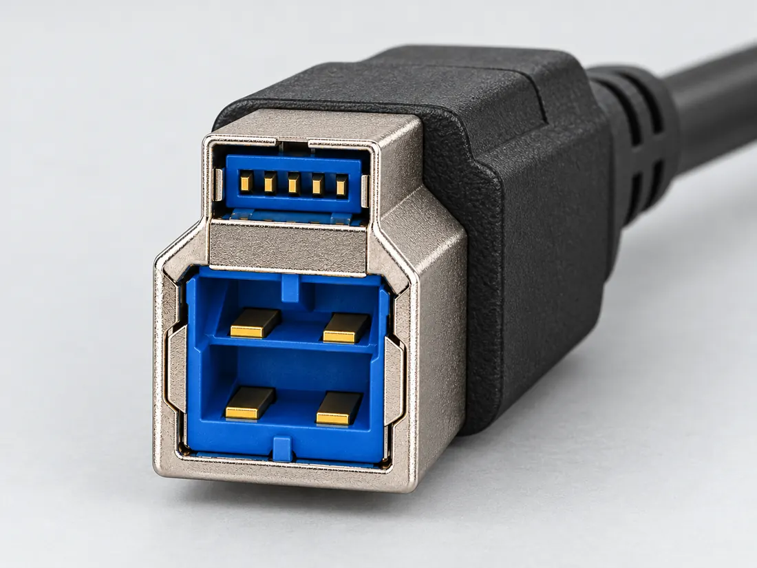 SuperSpeed USB Type-B: three-quarter view. Computer-generated illustration, not a photograph.
