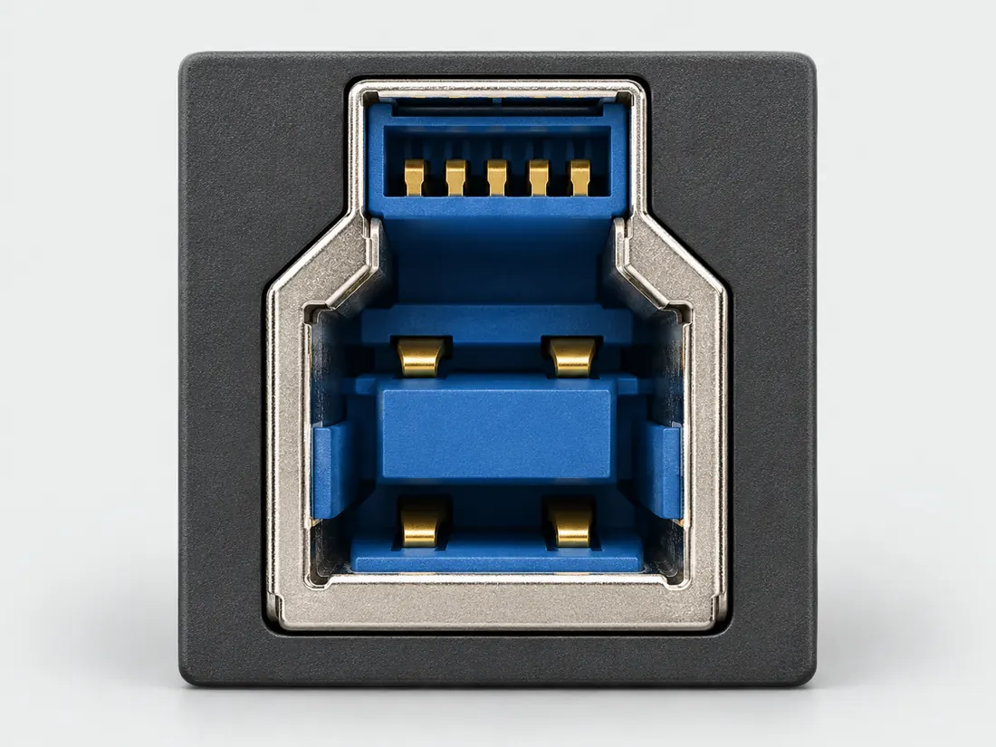 SuperSpeed USB Type-B: fitted in place. Computer-generated illustration, not a photograph.