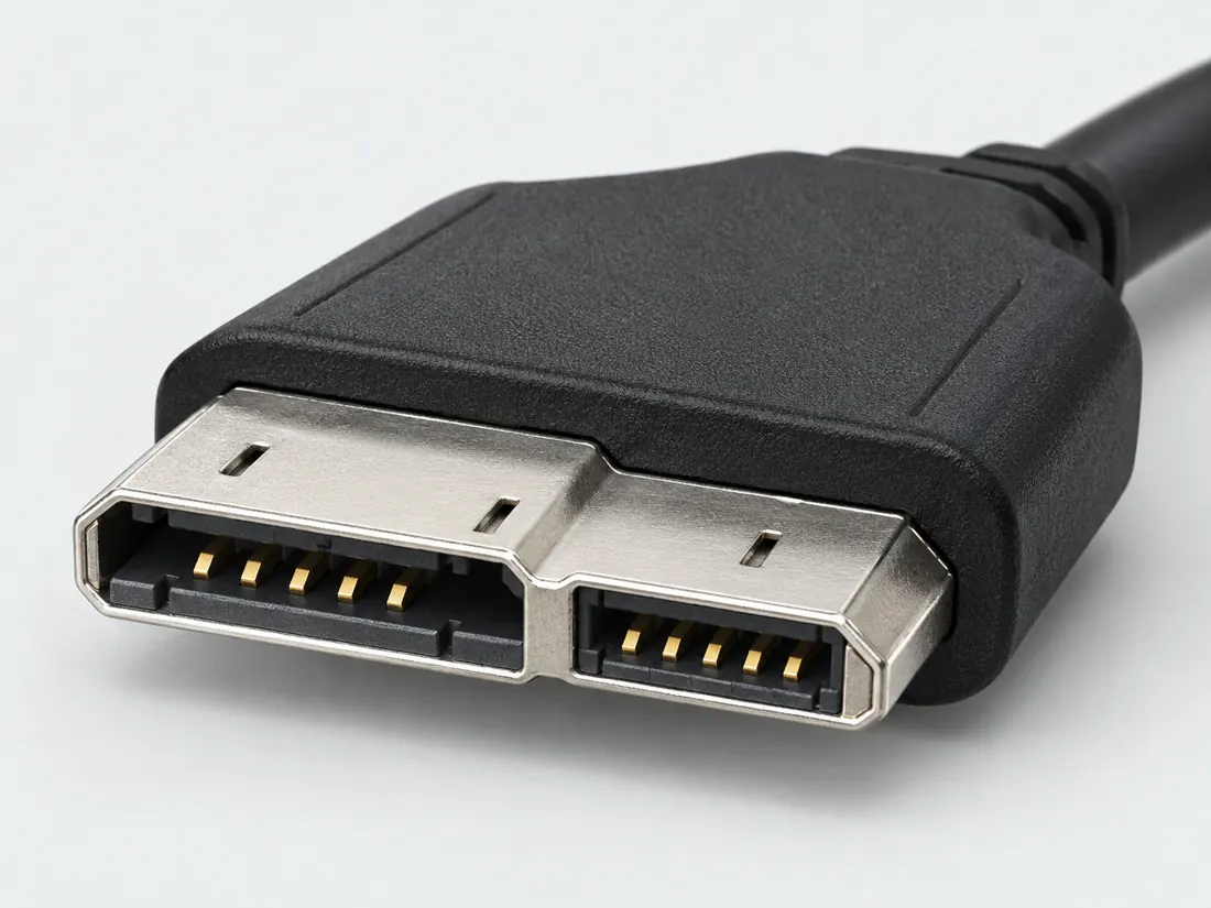 SuperSpeed Micro-USB Type-B: three-quarter view. Computer-generated illustration, not a photograph.