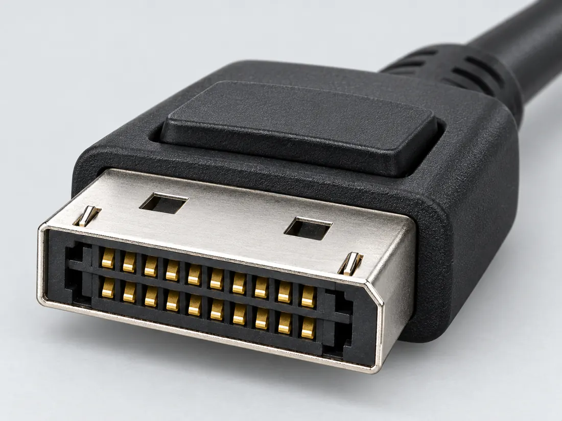DisplayPort connector: three-quarter view. Computer-generated illustration, not a photograph.