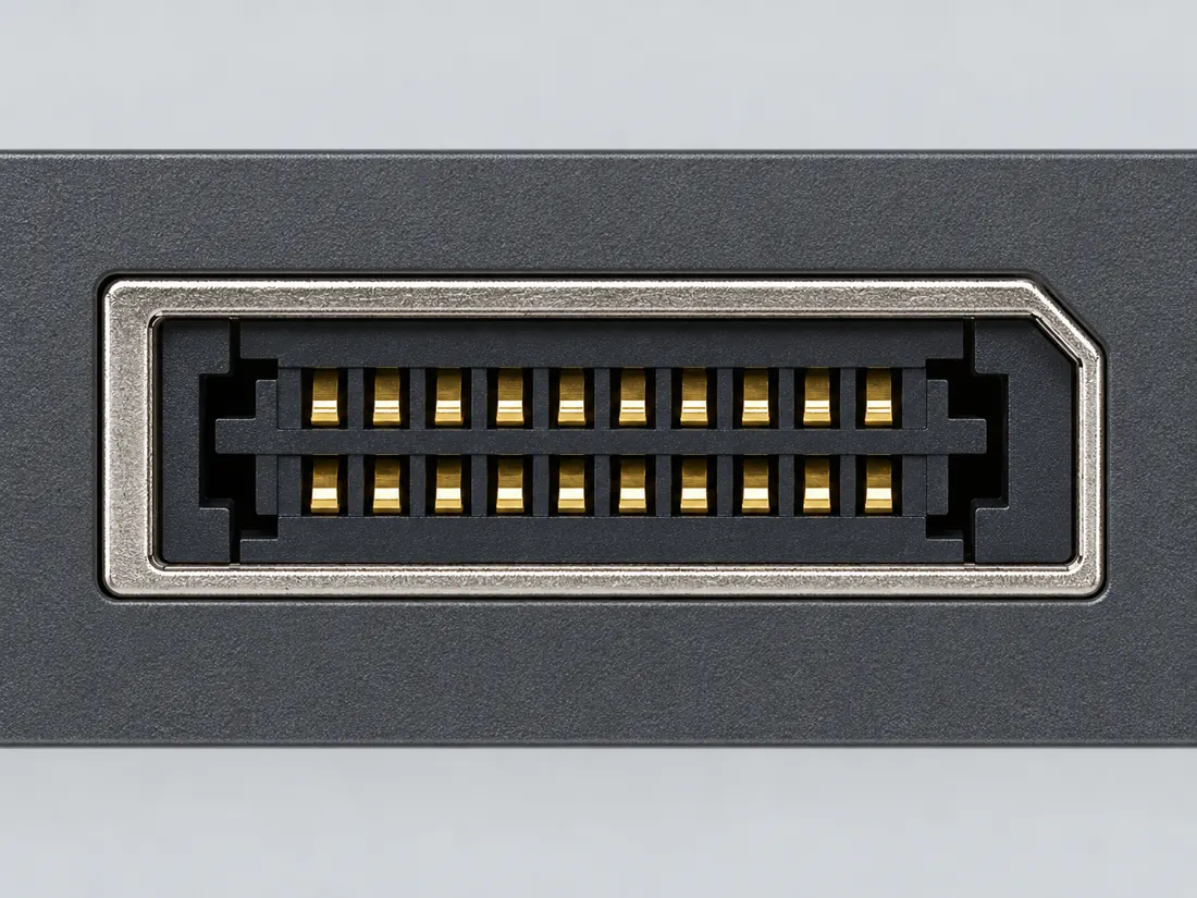 DisplayPort connector: fitted in place. Computer-generated illustration, not a photograph.