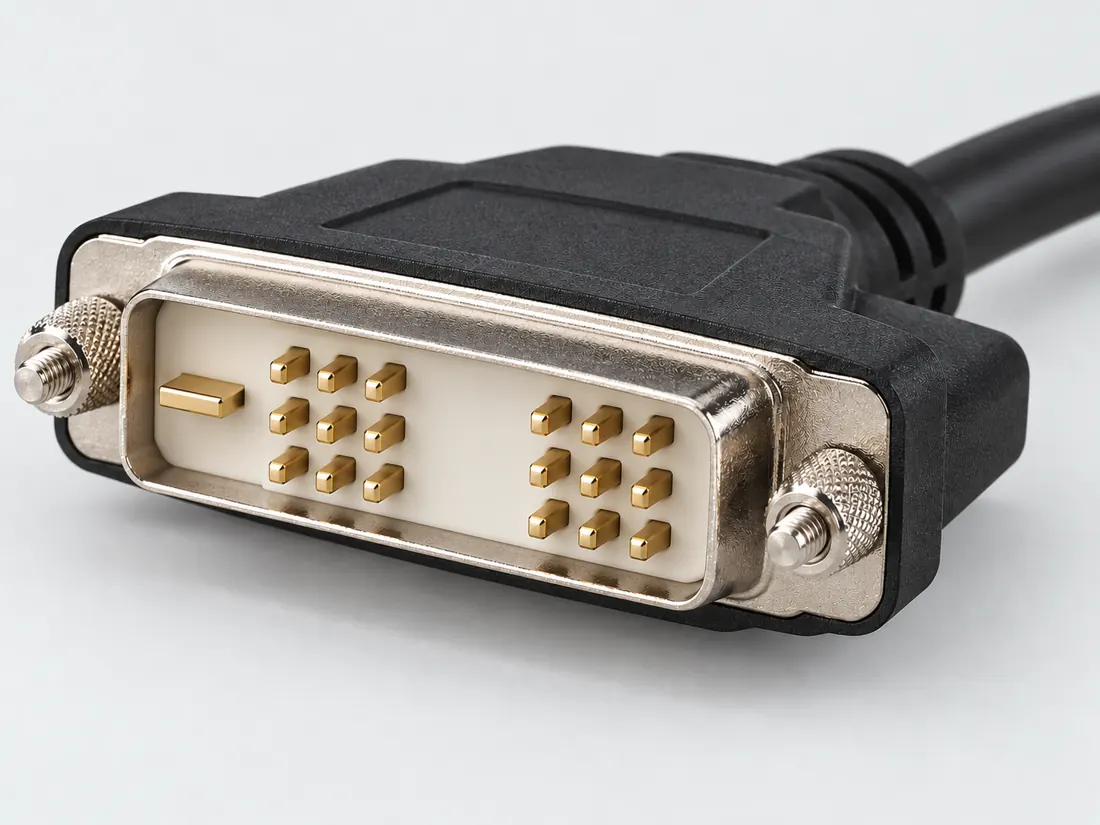 DVI-D single-link connector: three-quarter view. Computer-generated illustration, not a photograph.