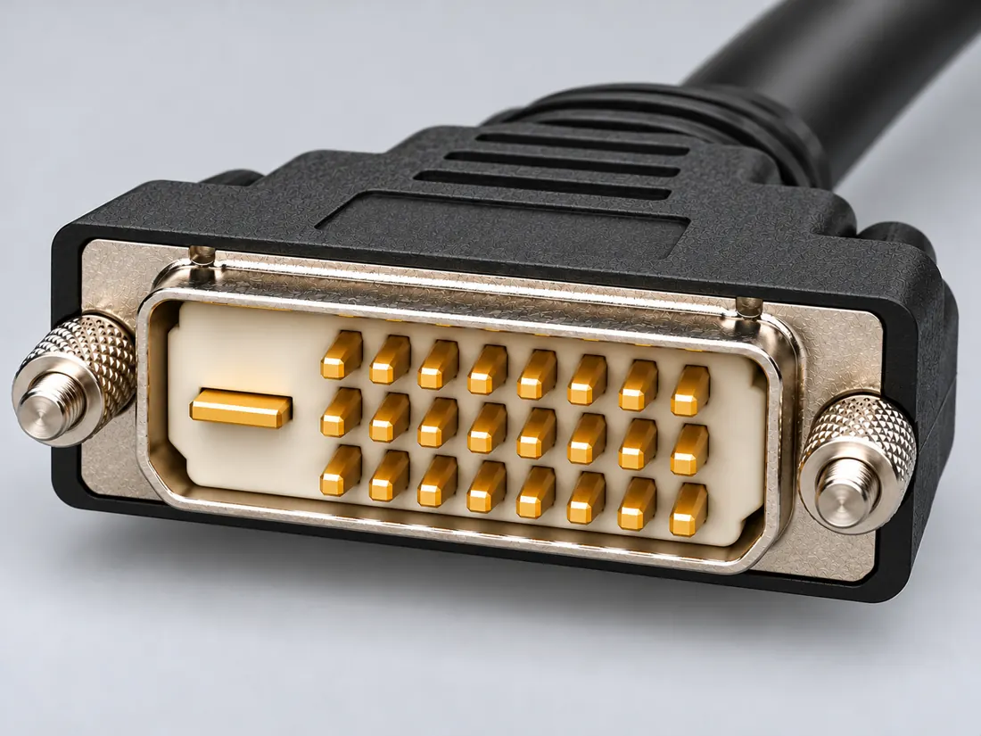 DVI-D dual-link connector: three-quarter view. Computer-generated illustration, not a photograph.