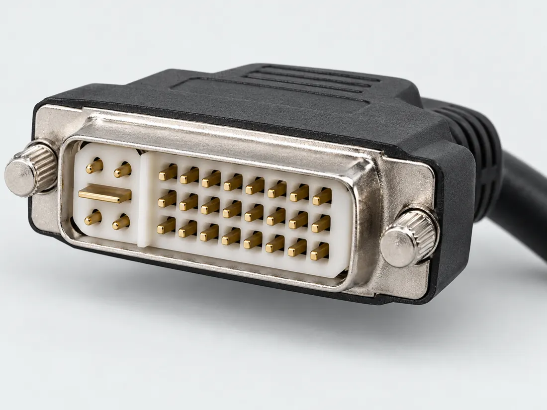DVI-I dual-link connector: three-quarter view. Computer-generated illustration, not a photograph.