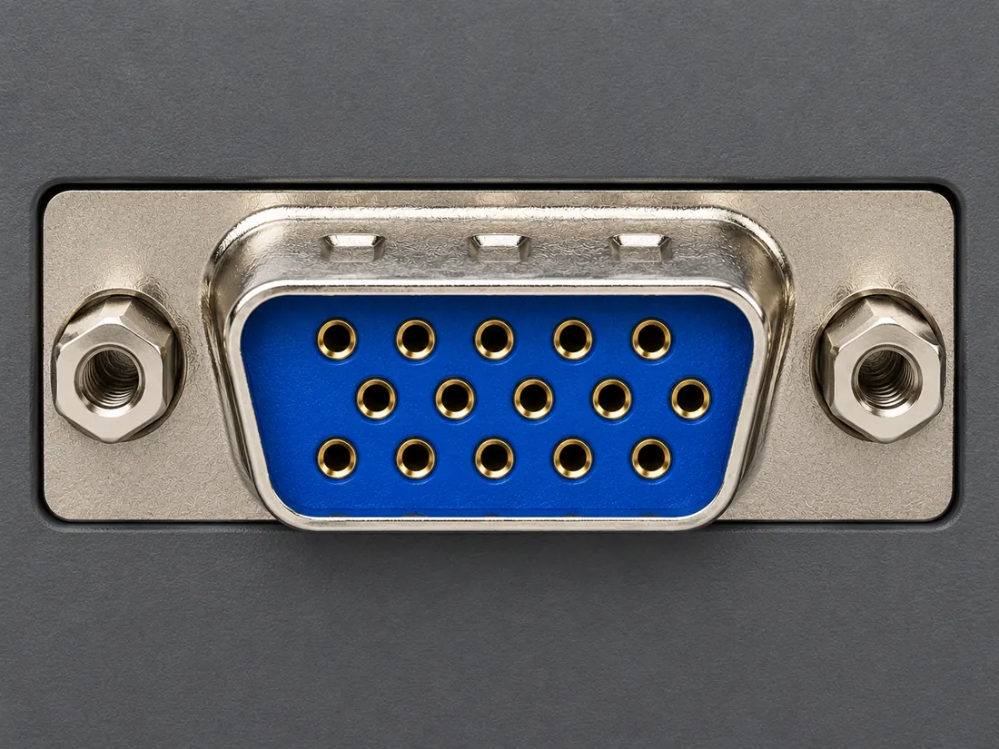 VGA DE-15 connector: fitted in place. Computer-generated illustration, not a photograph.