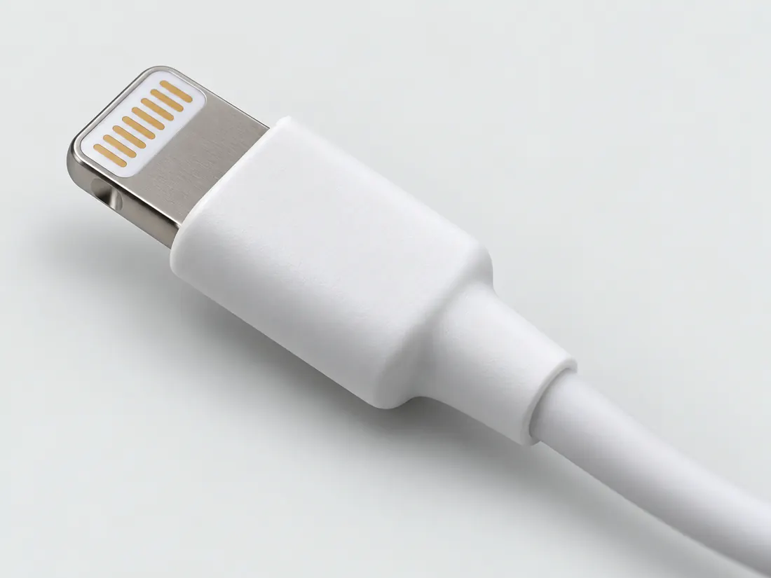 Lightning connector: three-quarter view. Computer-generated illustration, not a photograph.