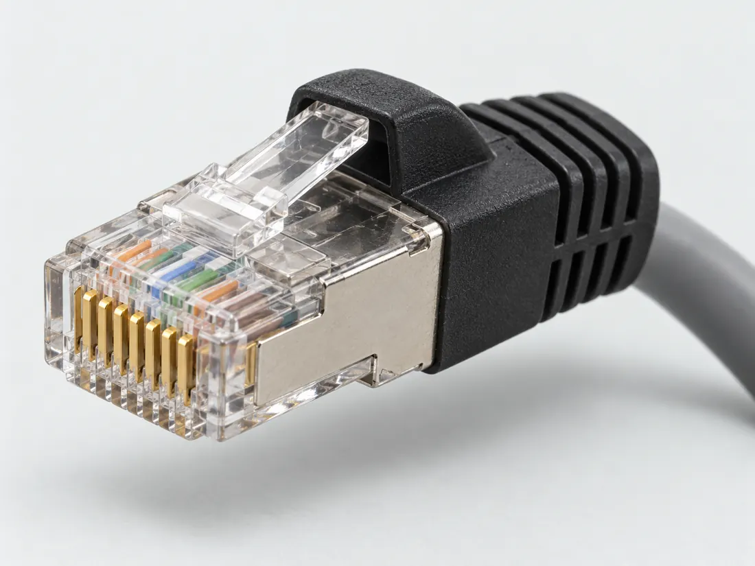 8P8C modular connector (commonly called RJ45): three-quarter view. Computer-generated illustration, not a photograph.