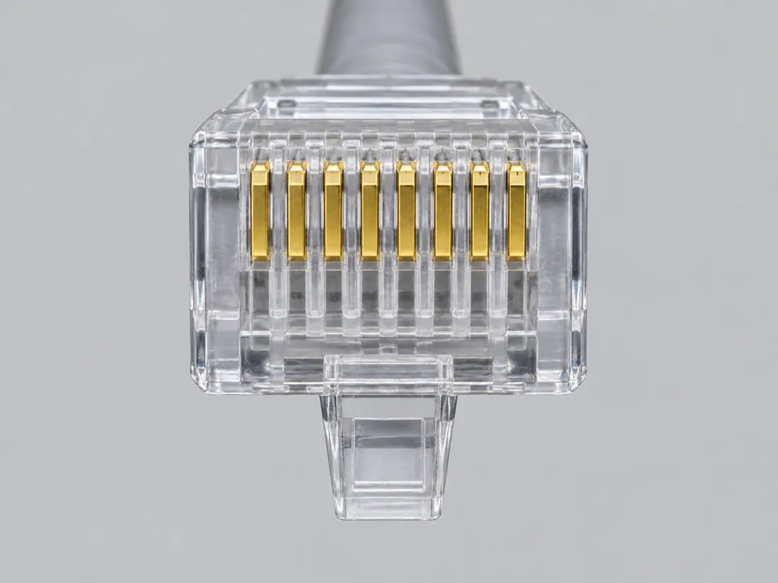 8P8C modular connector (commonly called RJ45): mating face. Computer-generated illustration, not a photograph.