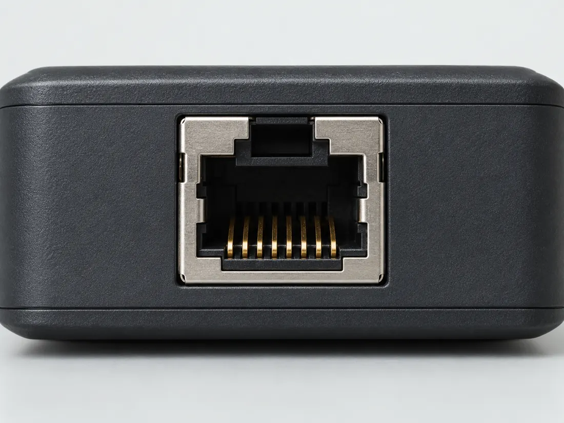8P8C modular connector (commonly called RJ45): fitted in place. Computer-generated illustration, not a photograph.