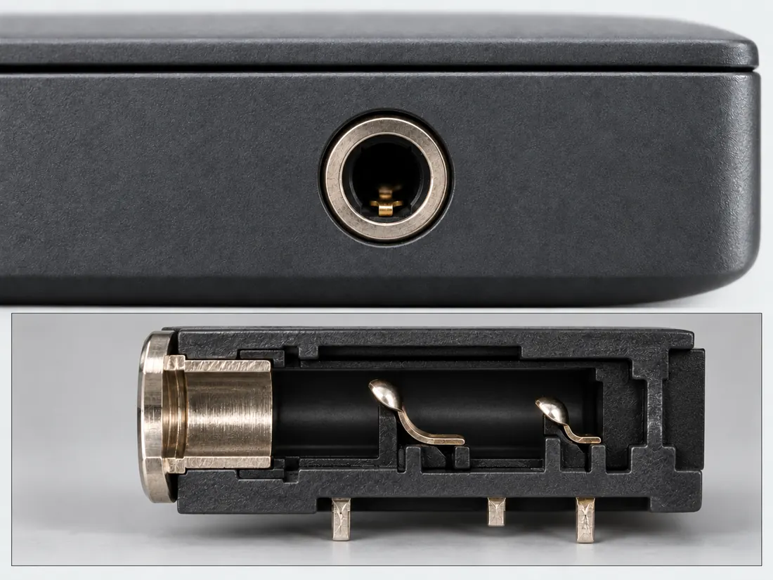 3.5 mm TRS connector: fitted in place. Computer-generated illustration, not a photograph.