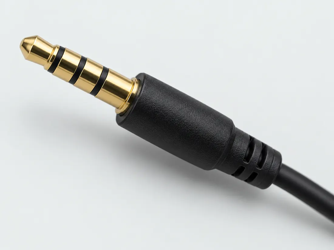 3.5 mm TRRS connector: three-quarter view. Computer-generated illustration, not a photograph.