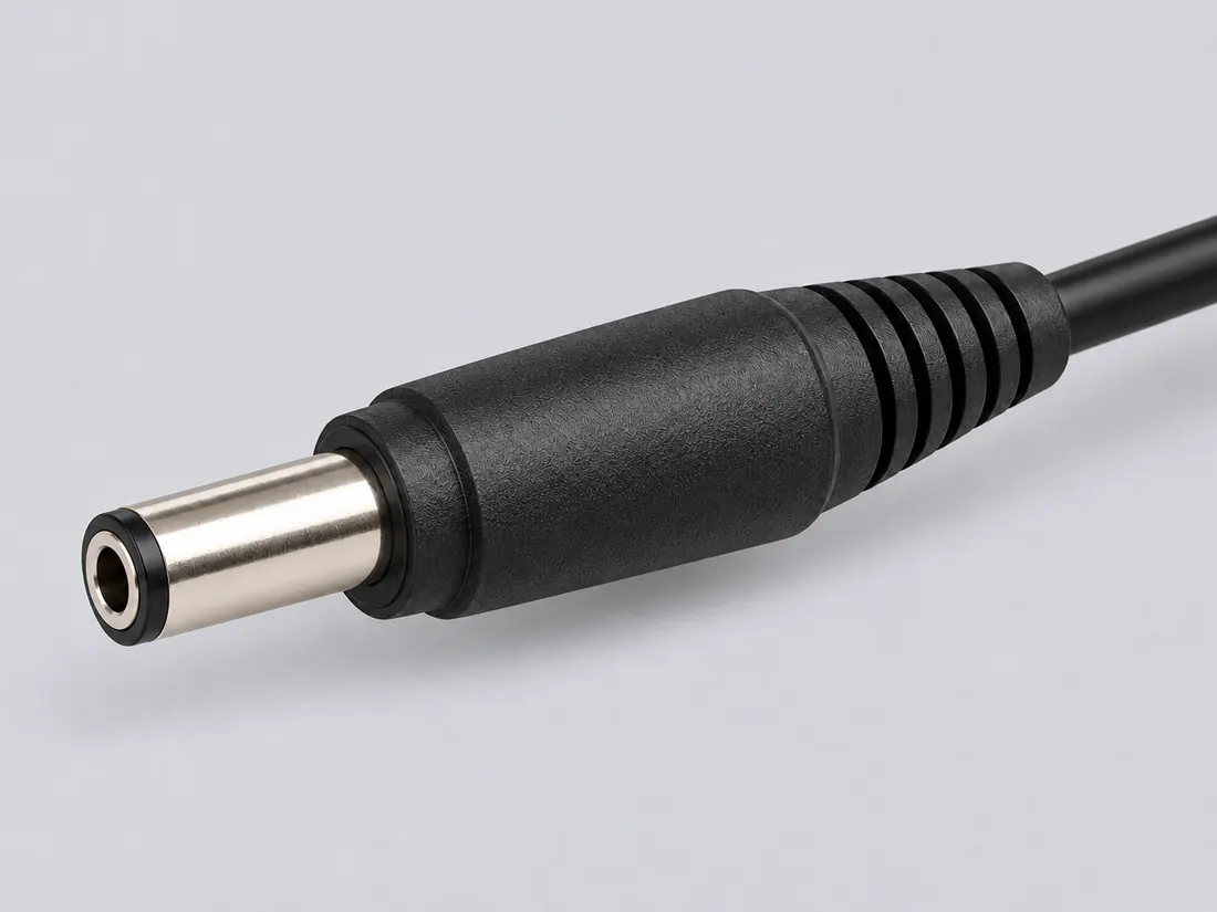 5.5 x 2.1 mm barrel connector: identification only: three-quarter view. Computer-generated illustration, not a photograph.