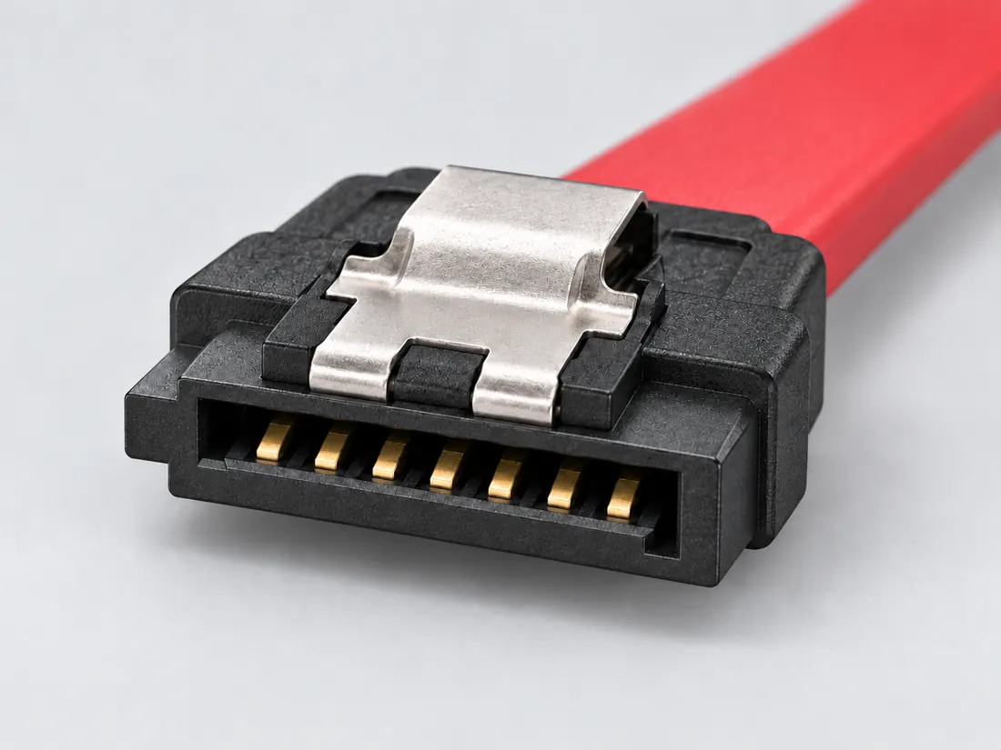 SATA 7-pin data connector: three-quarter view. Computer-generated illustration, not a photograph.