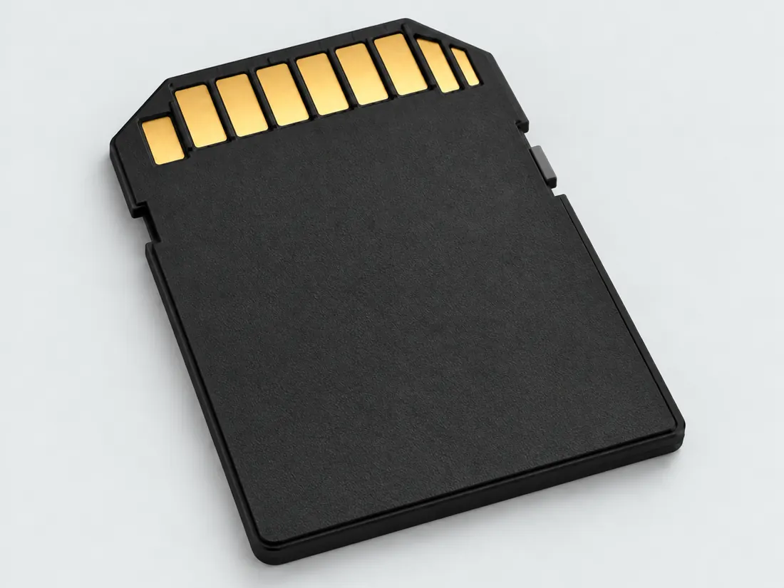 Full-size SD card form: three-quarter view. Computer-generated illustration, not a photograph.