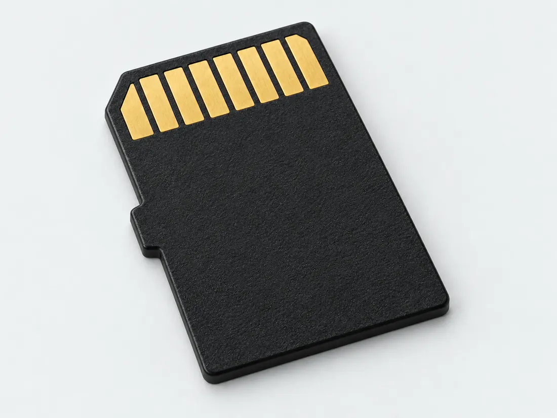 microSD card form: three-quarter view. Computer-generated illustration, not a photograph.