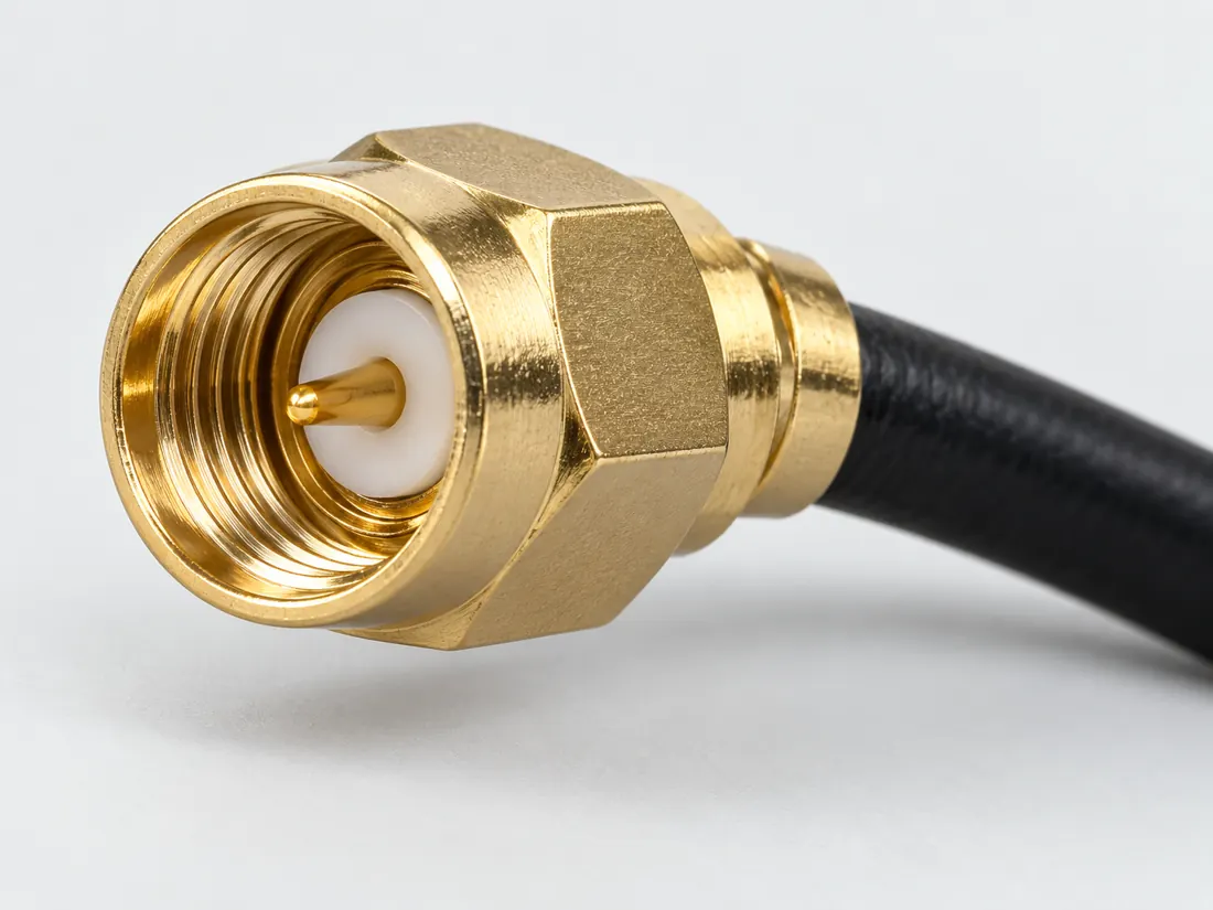 SMA coaxial connector: three-quarter view. Computer-generated illustration, not a photograph.