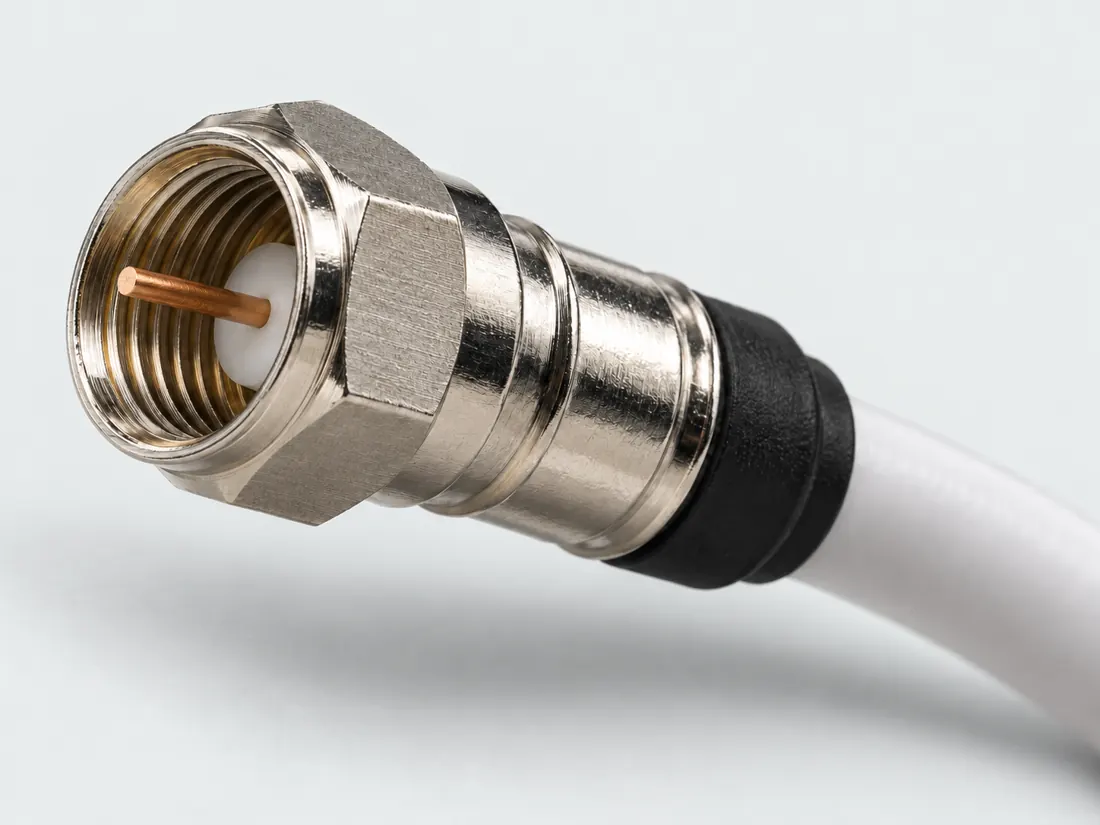 F-type coaxial connector: three-quarter view. Computer-generated illustration, not a photograph.