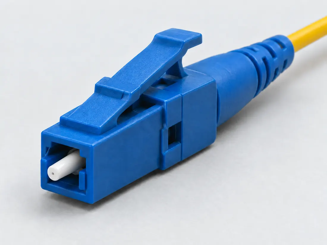 LC fiber connector: three-quarter view. Computer-generated illustration, not a photograph.