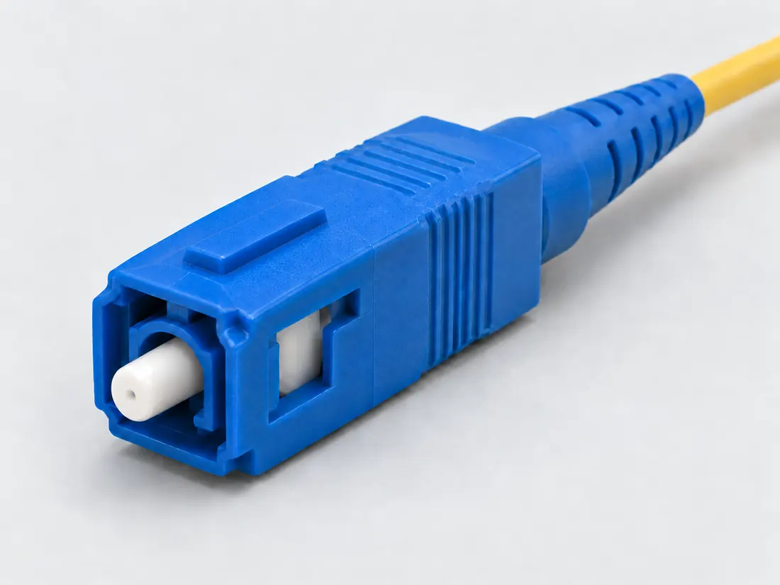 SC fiber connector: three-quarter view. Computer-generated illustration, not a photograph.