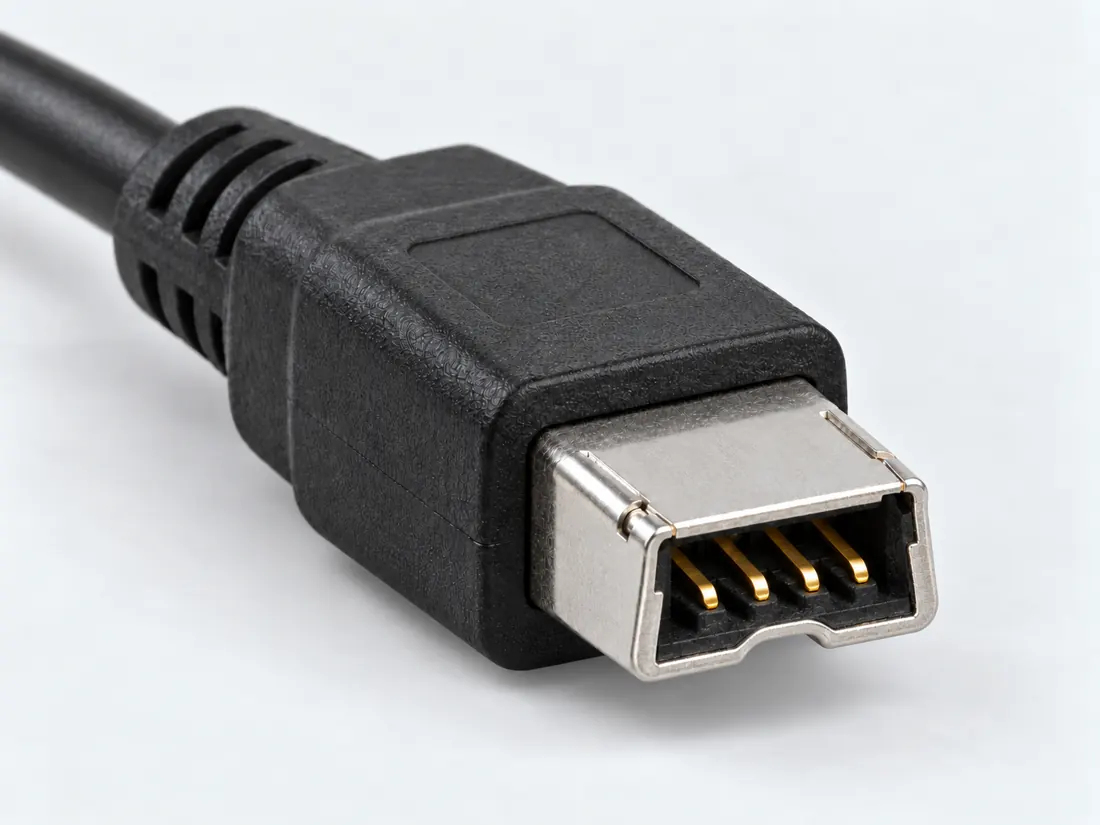 FireWire 4-pin connector: three-quarter view. Computer-generated illustration, not a photograph.