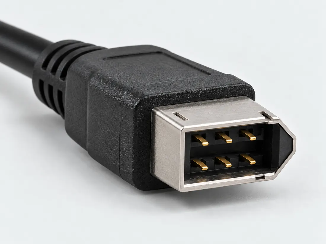 FireWire 6-pin connector: three-quarter view. Computer-generated illustration, not a photograph.