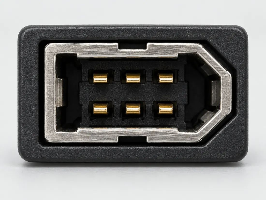 FireWire 6-pin connector: fitted in place. Computer-generated illustration, not a photograph.