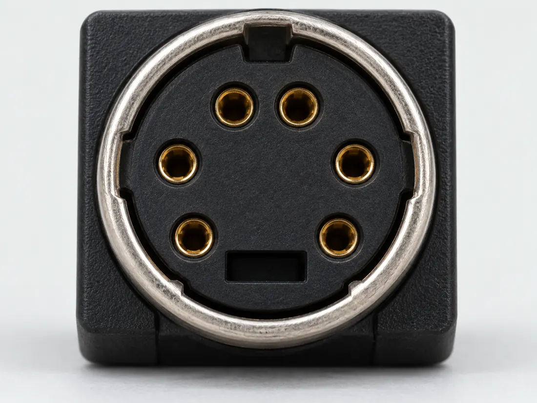 6-pin Mini-DIN (PS/2 form): fitted in place. Computer-generated illustration, not a photograph.