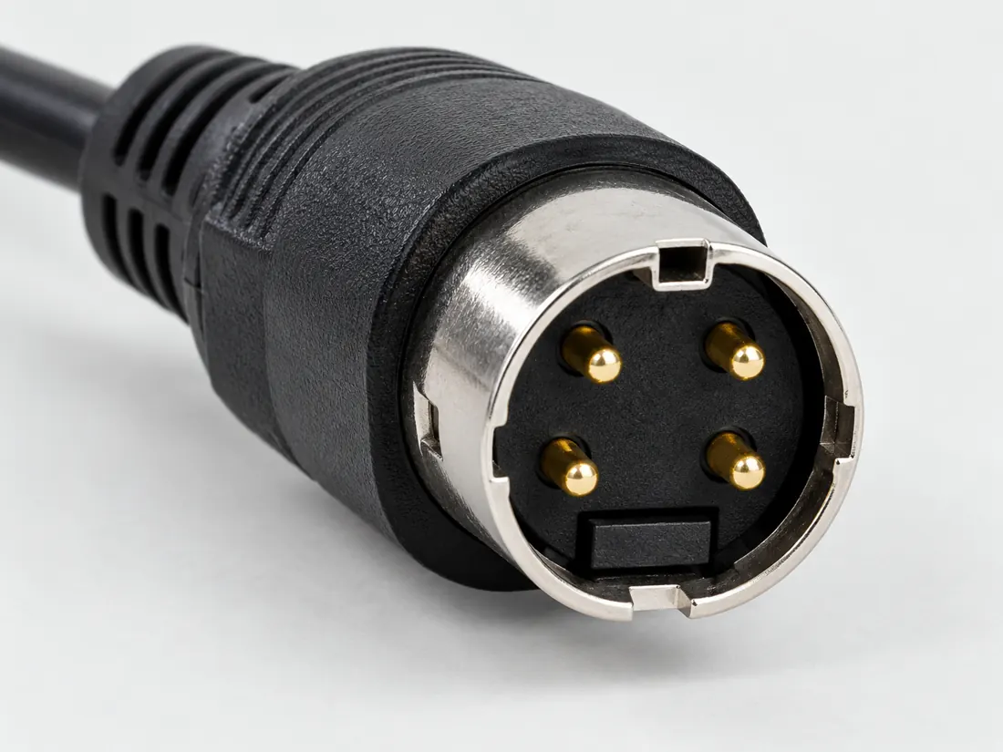 4-pin Mini-DIN (S-Video form): three-quarter view. Computer-generated illustration, not a photograph.