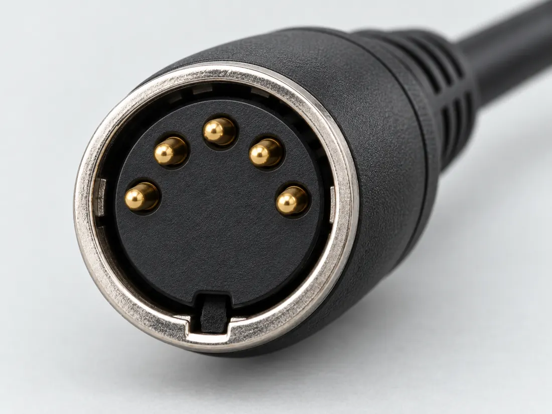 5-pin DIN connector: MIDI and legacy uses: three-quarter view. Computer-generated illustration, not a photograph.