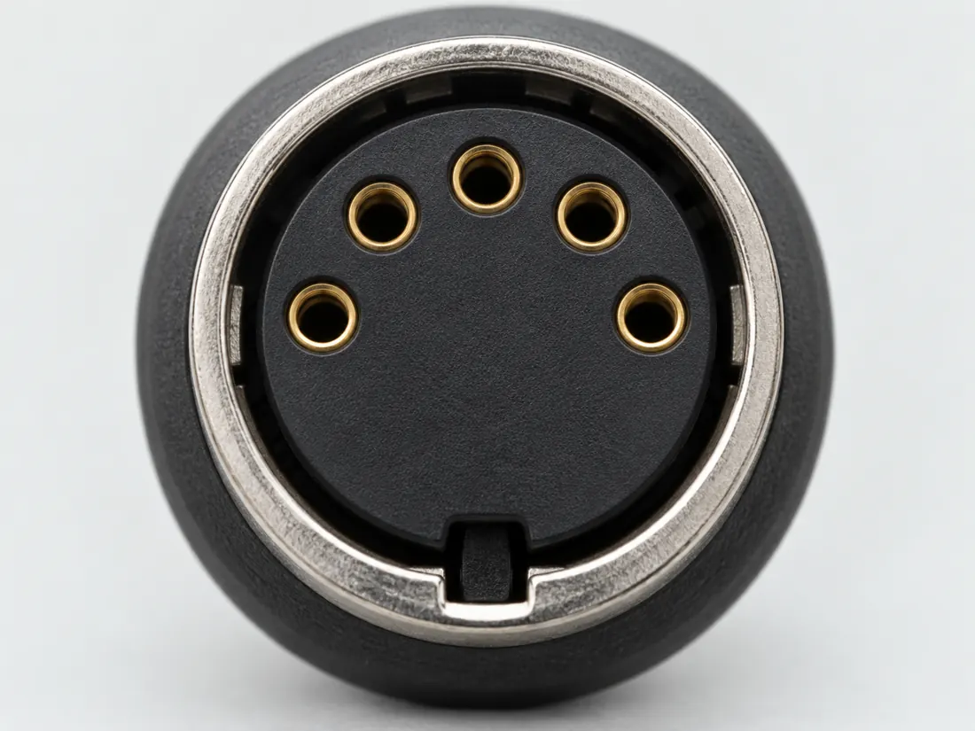5-pin DIN connector: MIDI and legacy uses: fitted in place. Computer-generated illustration, not a photograph.