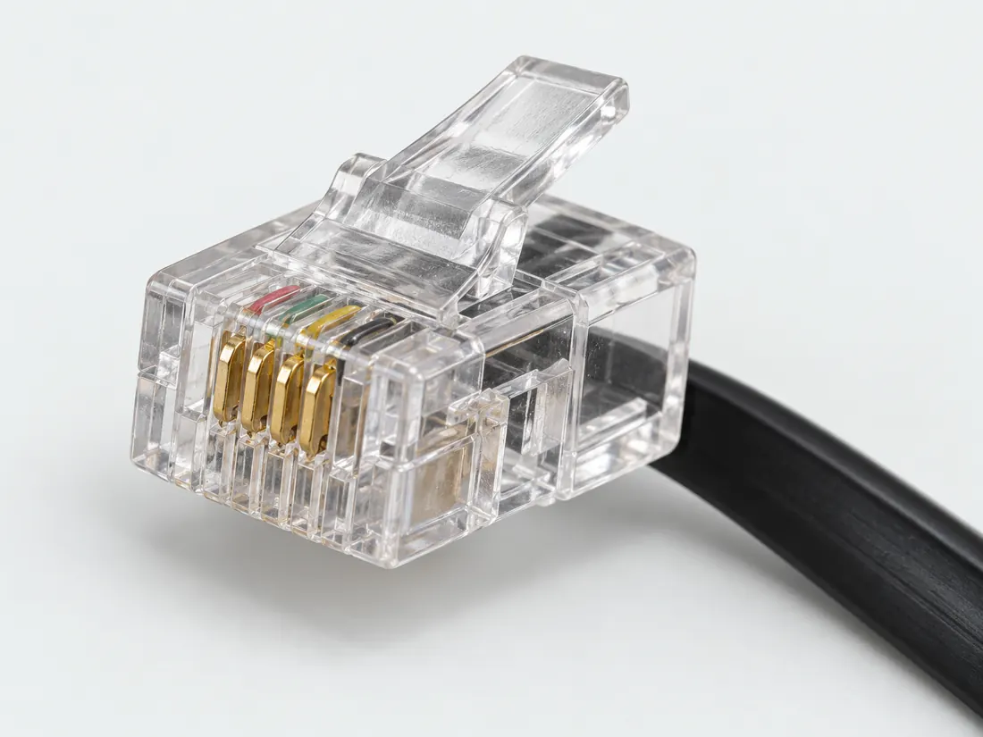 6P4C modular plug (often sold as RJ11): three-quarter view. Computer-generated illustration, not a photograph.
