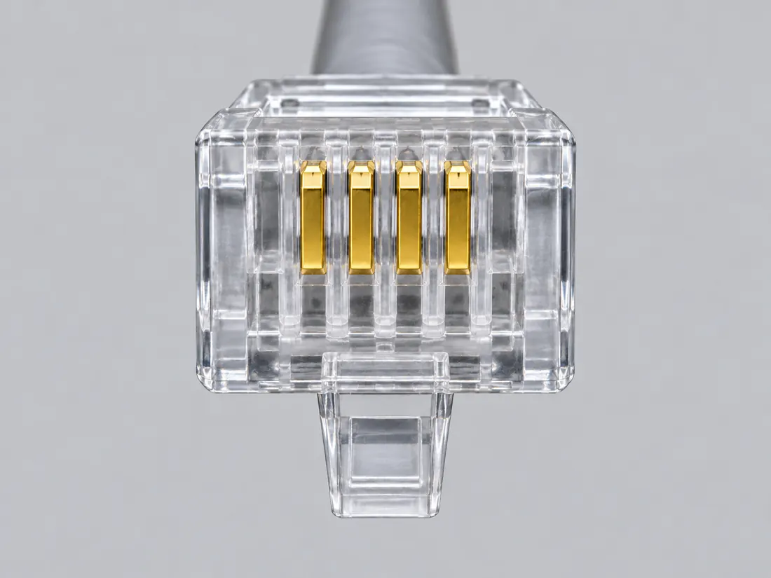 6P4C modular plug (often sold as RJ11): mating face. Computer-generated illustration, not a photograph.