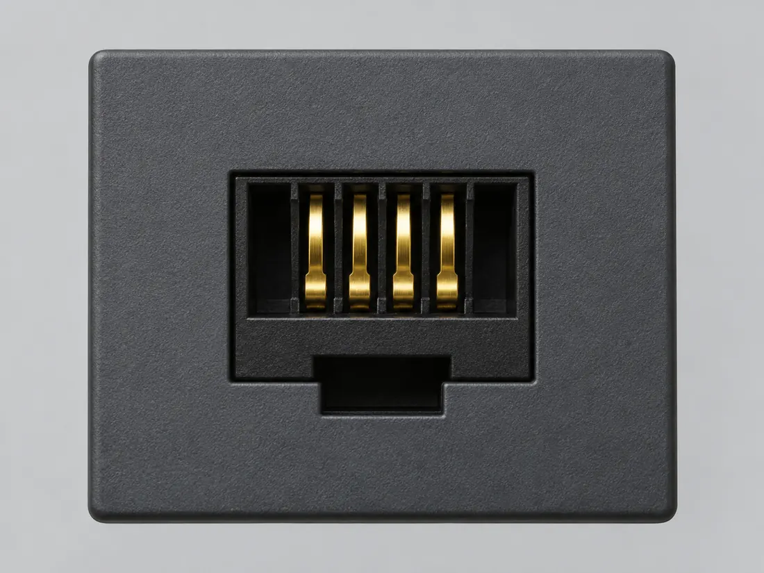 6P4C modular plug (often sold as RJ11): fitted in place. Computer-generated illustration, not a photograph.