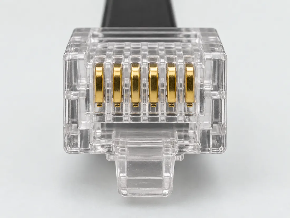 6P6C modular plug (often sold as RJ12): mating face. Computer-generated illustration, not a photograph.
