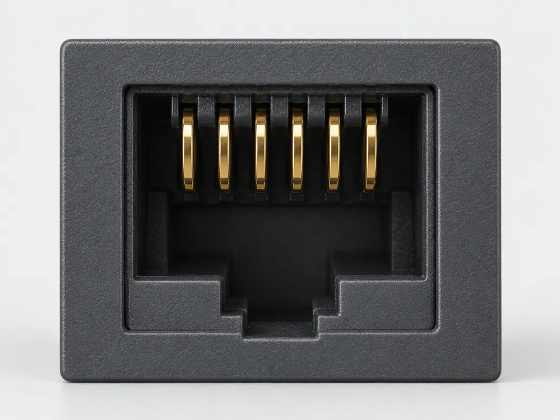 6P6C modular plug (often sold as RJ12): fitted in place. Computer-generated illustration, not a photograph.