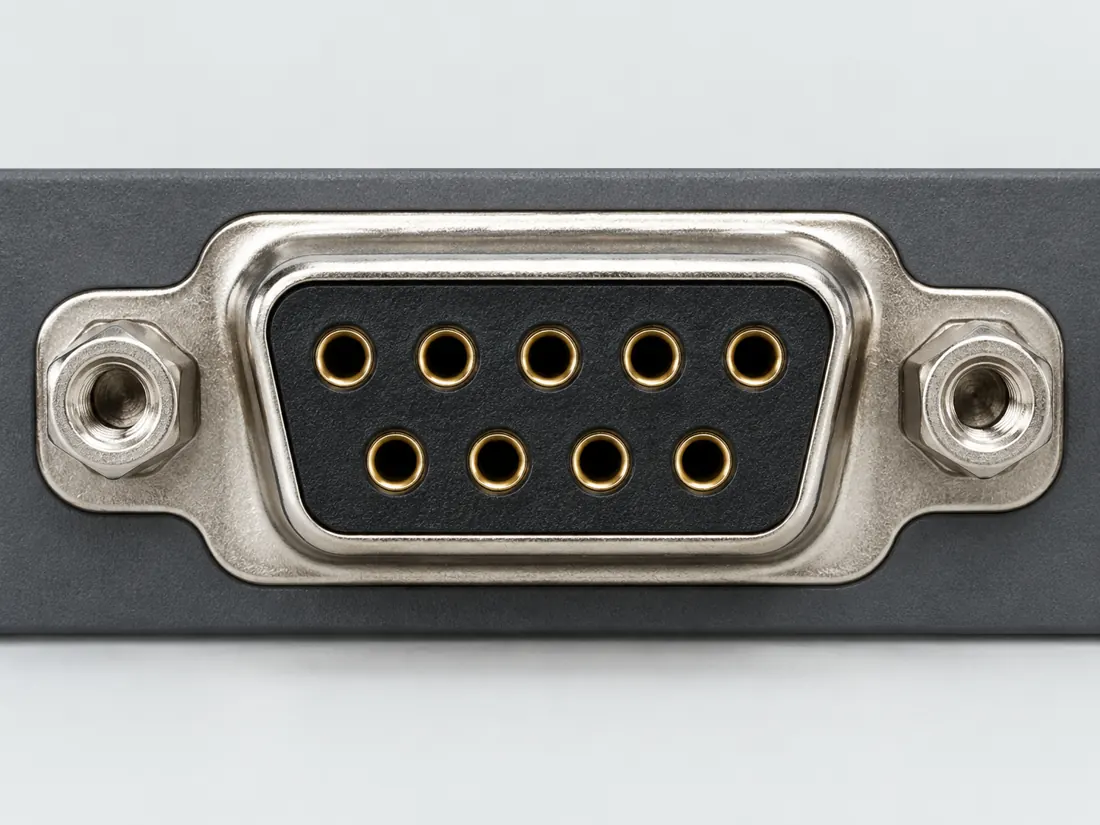 DE-9 D-sub (commonly called DB9): fitted in place. Computer-generated illustration, not a photograph.