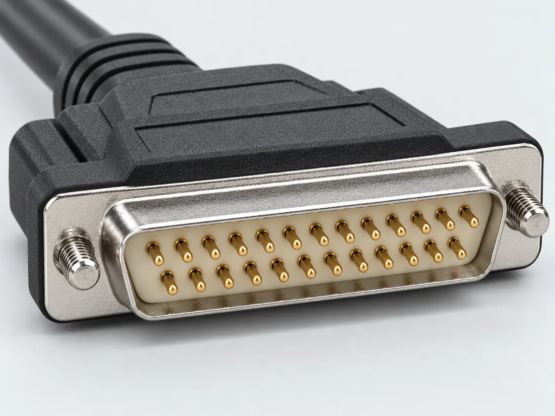 DB25 D-sub connector: three-quarter view. Computer-generated illustration, not a photograph.