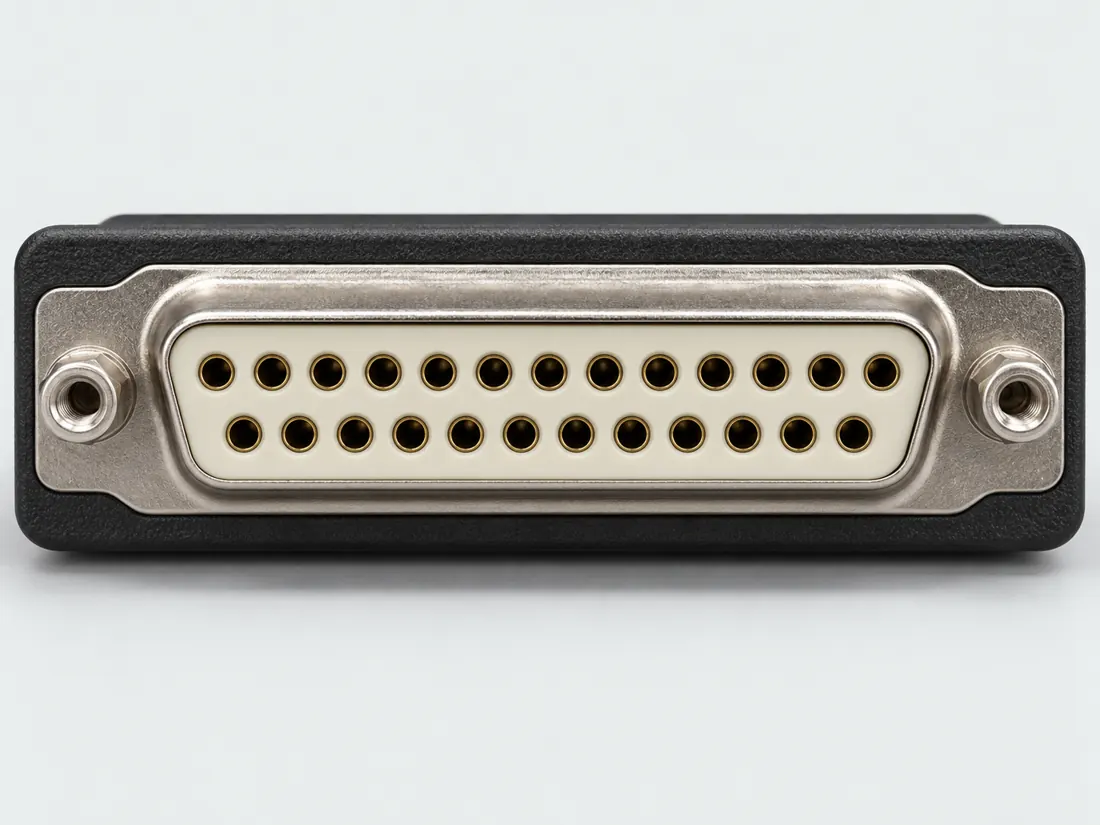 DB25 D-sub connector: fitted in place. Computer-generated illustration, not a photograph.