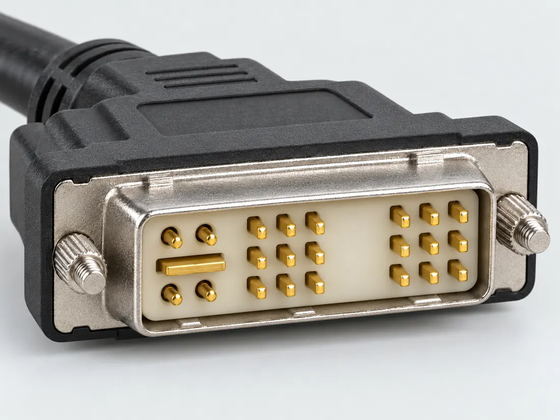 DVI-I single-link connector: three-quarter view. Computer-generated illustration, not a photograph.