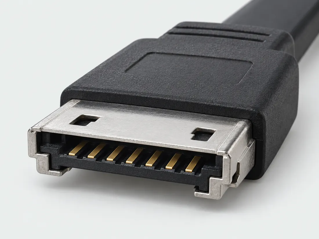 eSATA 7-pin data connector: three-quarter view. Computer-generated illustration, not a photograph.
