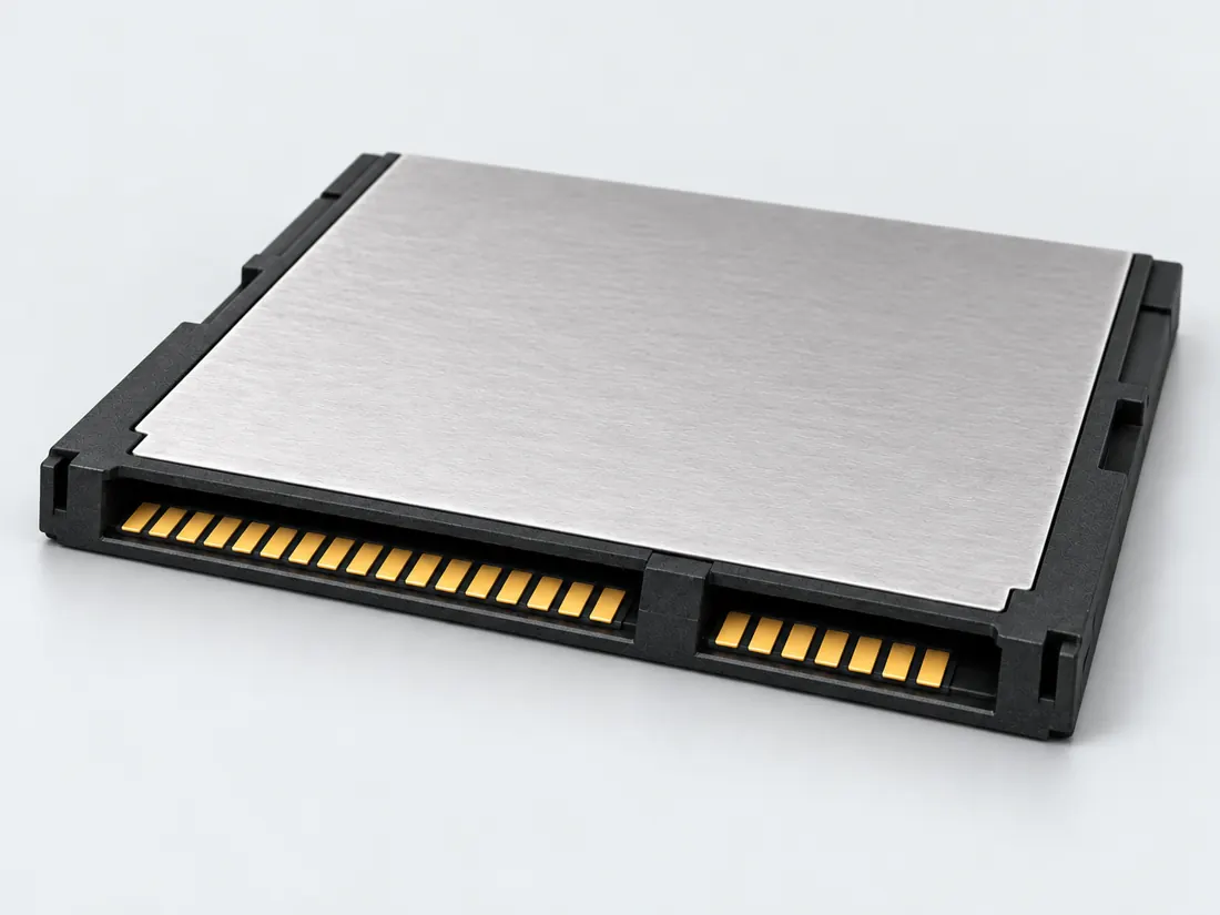 CFast card interface: three-quarter view. Computer-generated illustration, not a photograph.