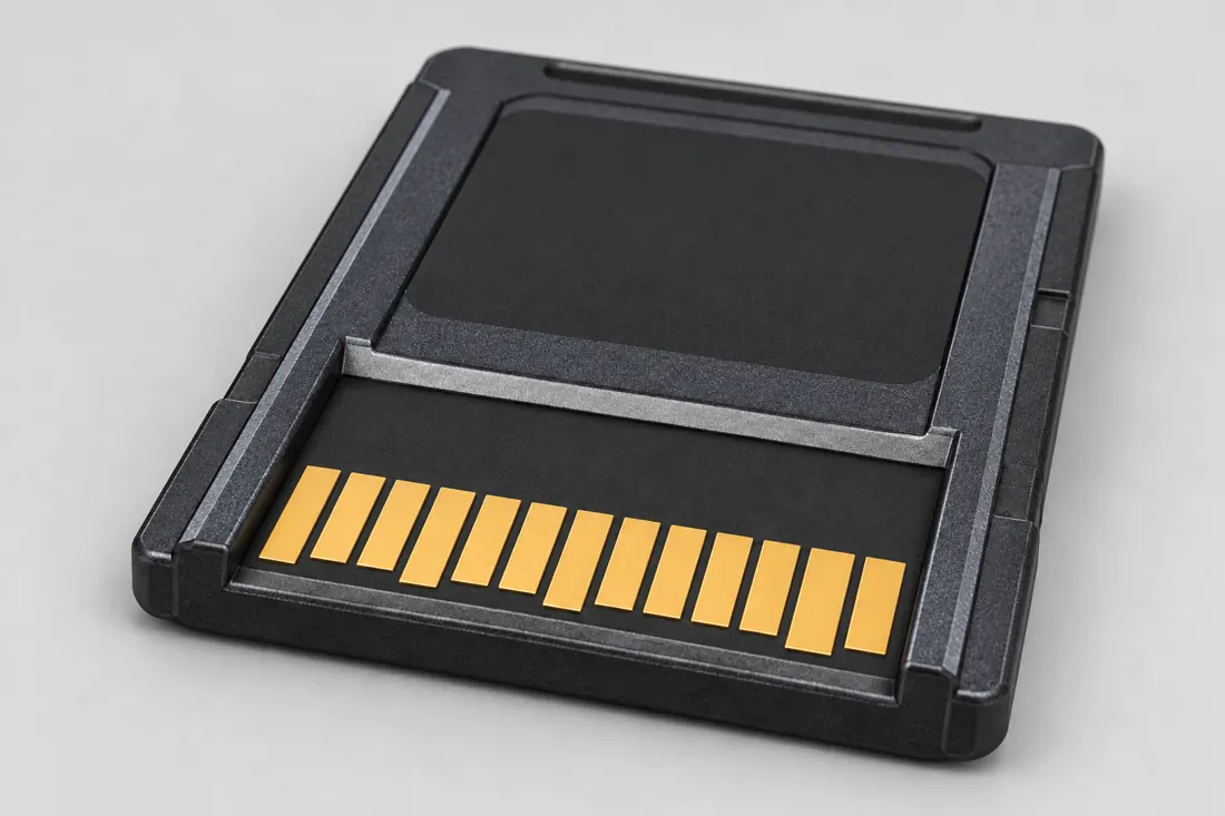 CFexpress Type A card interface: three-quarter view. Computer-generated illustration, not a photograph.
