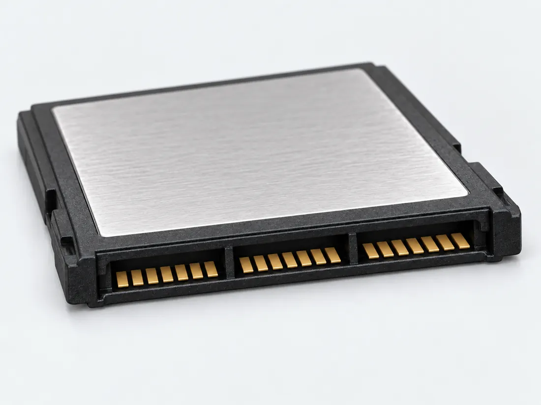 XQD card interface: three-quarter view. Computer-generated illustration, not a photograph.