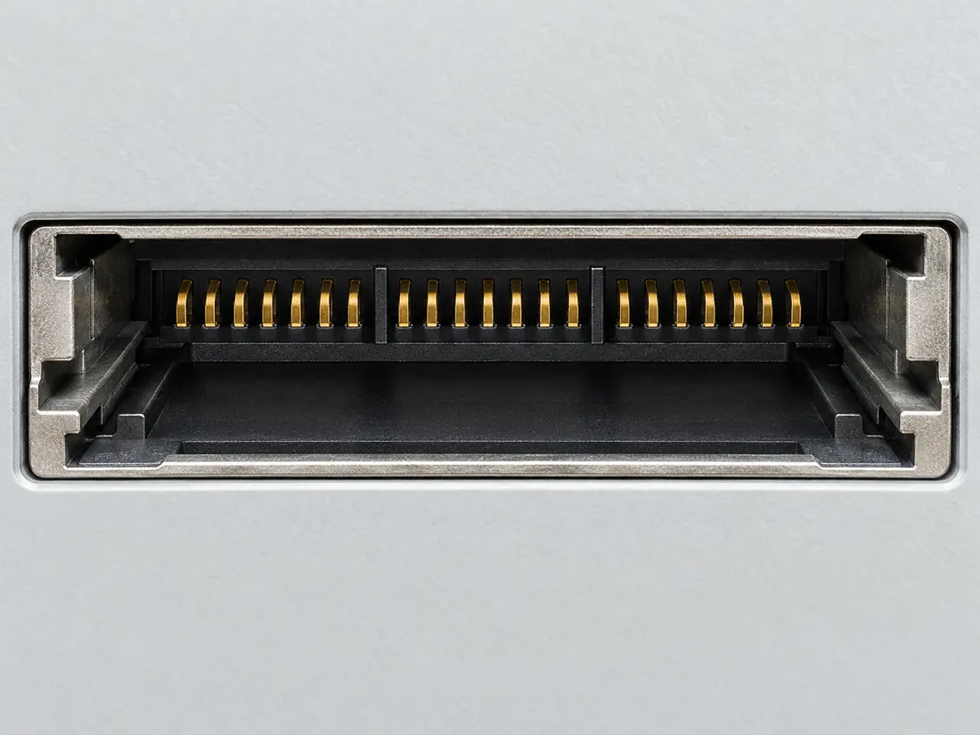 XQD card interface: fitted in place. Computer-generated illustration, not a photograph.