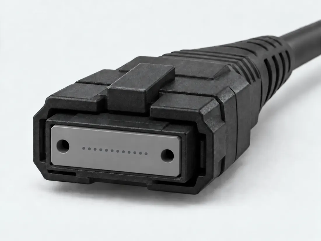 MPO multi-fiber connector: three-quarter view. Computer-generated illustration, not a photograph.