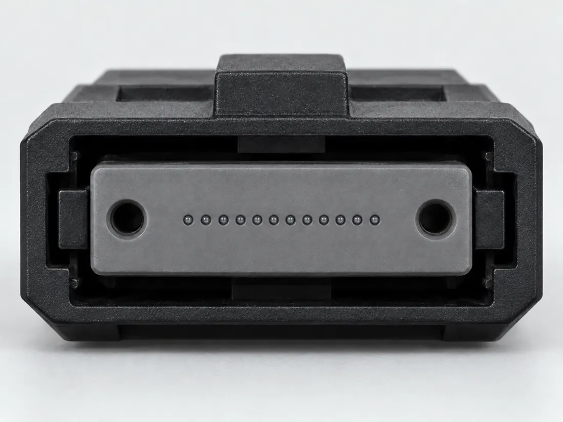 MPO multi-fiber connector: mating face. Computer-generated illustration, not a photograph.