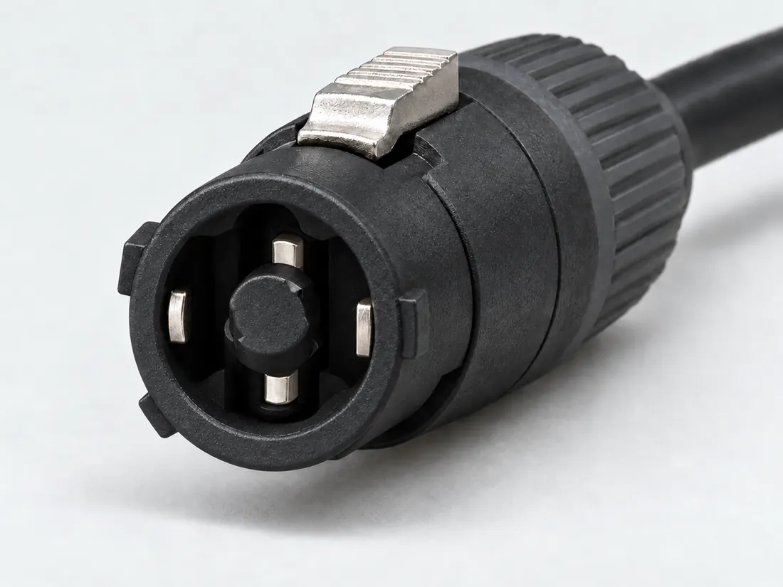 4-pole speakON loudspeaker connector: three-quarter view. Computer-generated illustration, not a photograph.