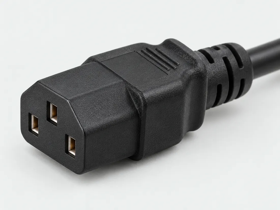 IEC 60320 C13 cord connector: three-quarter view. Computer-generated illustration, not a photograph.